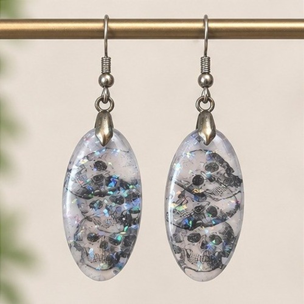Handmade Resin Drop Earrings Clear Skull Glitter Goth Dangle Halloween